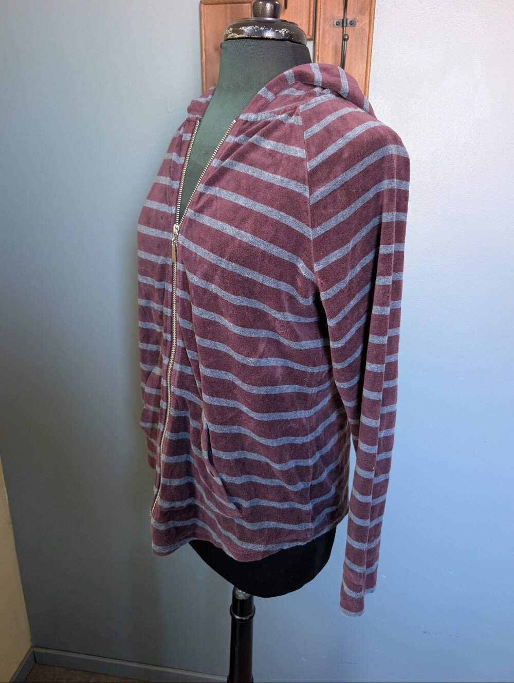 Vintage Velour Striped Mauve and Gray Hooded Zip Sweatshirt Jacket